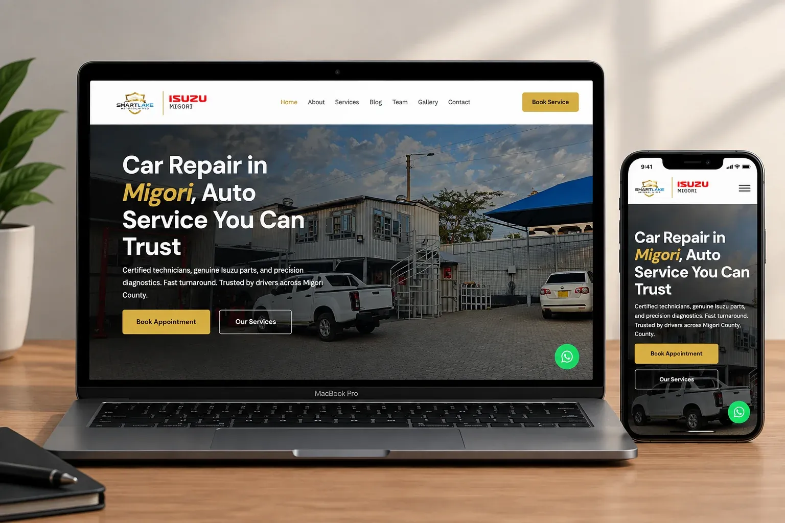 The Smartlake Motors website ByteFrame built, shown on a laptop and phone
